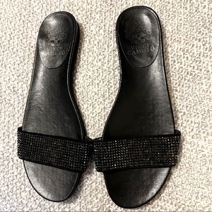 Vince Camuto Endilla Black Rhinestone Crystal Leather Flat Slide Sandals Sz 7